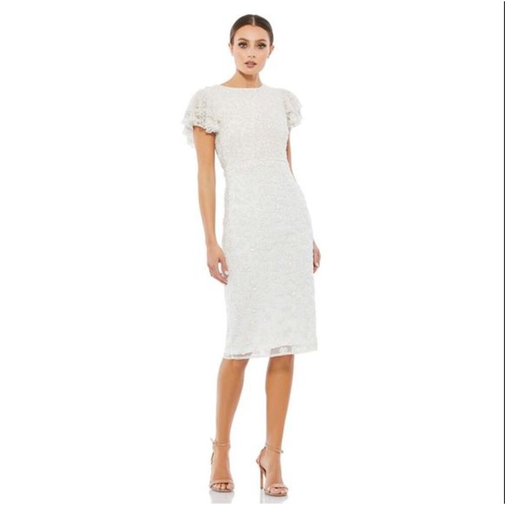 Ieena For Mac Duggal Midi Sheath Dress Women 10 Ivory Embellished Minimalist NWT